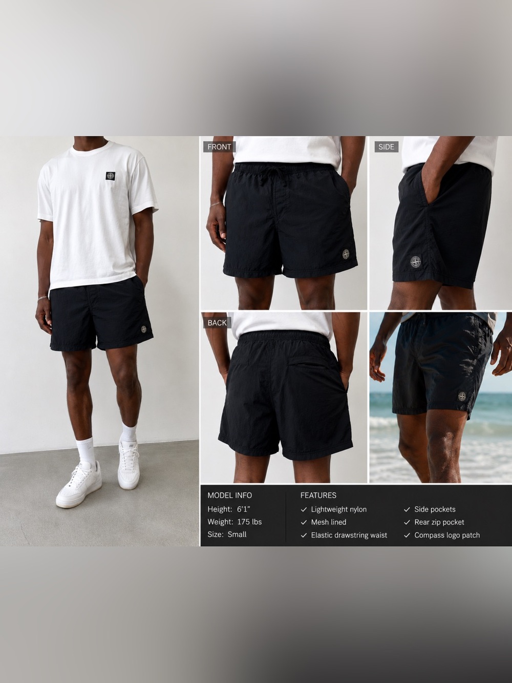 Stone Island Nylon Metal Swim Shorts Black Mesh Lined Compass Patch Men’s Small